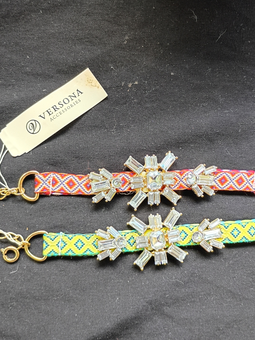 Versona Multicolor Crystal Embellished Woven Choker - Pink & Green